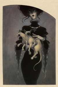 Contemporary gothic illustration of a woman with a two-headed cat